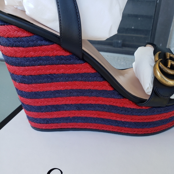 Gucci Black Red/Blue Marmont Double GG  40.5 Espadrille Platform Sandals - Picture 2 of 7